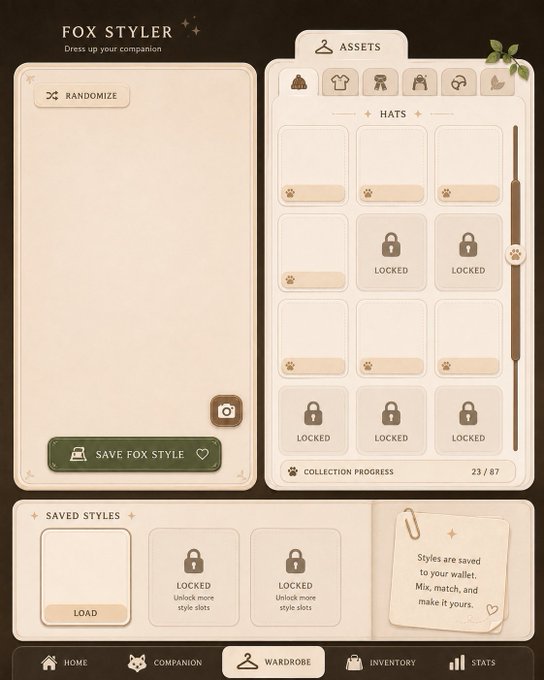 A screenshot of a 'FOX STYLER' menu interface with options for 'RANDOMIZE', 'HATS', and 'SAVE FOX STYLE', along with locked items and a collection progress of '23 / 87'.
