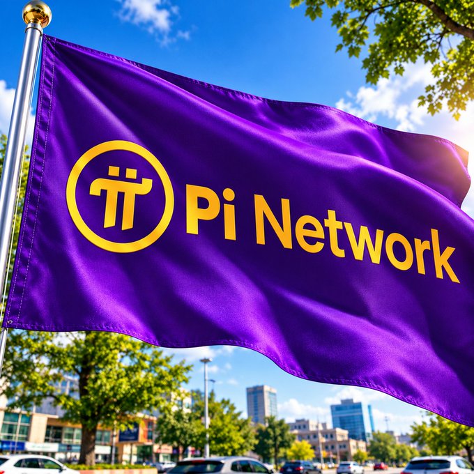 A purple flag displaying the 'Pi Network' logo and name in yellow, waving against a sunny urban backdrop.