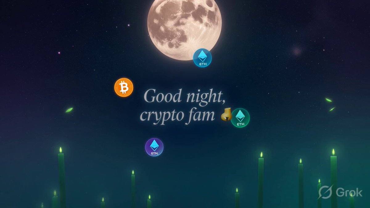 The image features a large full moon with three candles underneath it, each representing a different cryptocurrency symbol. The text "Good night, crypto fam" is written above the candle symbols, indicating that the image is related to cryptocurrencies or Bitcoin. Below this, there are several popular cryptocurrency coins listed in order of preference, including Bitcoin (BTC), Ethereum (ETH), Solana (SOL), Ripple (XRP), Litecoin (LTC), and Cardano (ADA).