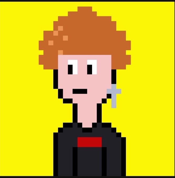 A pixel art style portrait of a person with curly orange hair and a gray cross earring against a bright yellow background.