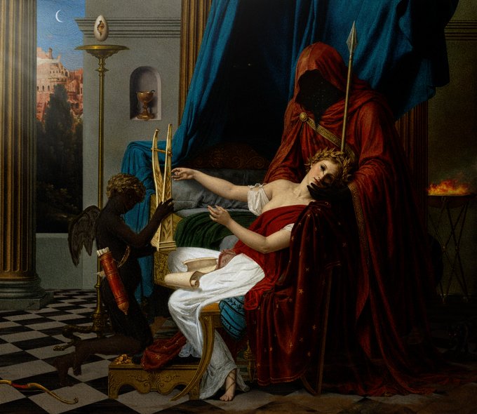 A classical painting depicts a reclining woman in a white dress with red drapery, a cherub beside her holding a golden lyre, and a hooded figure in red holding a spear, set within an ornate interior.