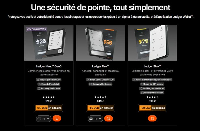 A French advertisement for Ledger crypto wallets titled 'Une sécurité de pointe, tout simplement,' showcasing three products: Ledger Nano Gen5 for $179, Ledger Flex for $249, and Ledger Stax for $399, each offering Bitcoin bonuses.
