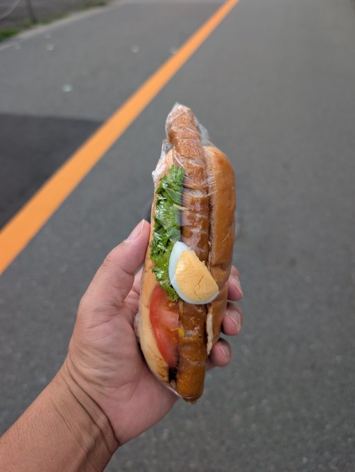 A hand holds a sandwich wrapped in plastic, containing a fried cutlet, lettuce, tomato, and a boiled egg, against the backdrop of an asphalt road with a yellow line.