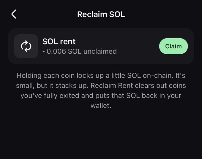 A mobile app interface titled 'Reclaim SOL' shows a 'SOL rent' section with approximately 0.006 SOL unclaimed and a green 'Claim' button, explaining that holding coins locks up on-chain SOL.