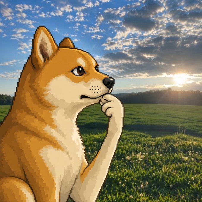 A pixel-art style illustration of a Shiba Inu dog in a thoughtful pose with its paw near its mouth, set against a scenic grassy field at sunset.