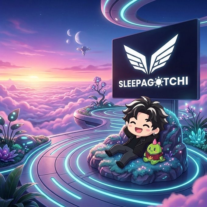 A stylized anime-style illustration featuring a cute chibi character sitting on a floating island in a dreamy sky landscape, holding a small green creature, with a 'SLEEPAGOCHI' logo sign beside them.