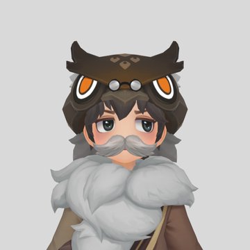 An anime-style character wearing an owl-themed hood with large yellow eyes and a white fluffy collar, with a small mustache visible on their face.