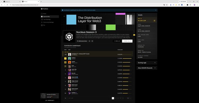 A screenshot of a web browser displaying the Nucleus platform, showing a contributor leaderboard for 'Nucleus Season 3' and an event titled 'The Distribution Layer for Web3.'