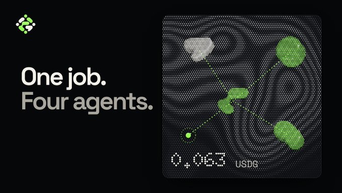 A digital graphic displays 'One job. Four agents.' alongside a stylized fingerprint design with the numbers '0.063' and text 'USDG'.