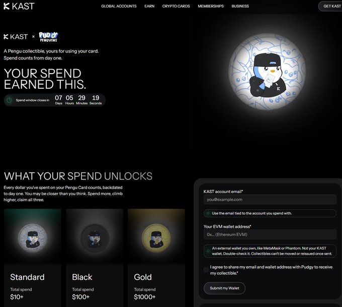 A KAST x Pudgy Penguins webpage displays a 'Pengu collectible' with 'YOUR SPEND EARNED THIS' timer, showing Standard, Black, and Gold unlock tiers and a wallet submission form.