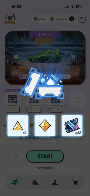 A mobile game screenshot of a runner game with a tropical beach background, showing reward items including x3 red gems and x55 mystery boxes with a START button below.