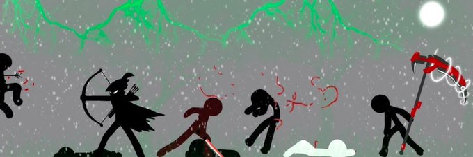 A stick-figure animation scene set in a snowy environment with a green aurora, featuring multiple characters including an archer and figures with weapons.