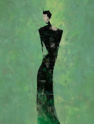 An expressionist painting of a tall, dark, slender figure standing against a textured green background.