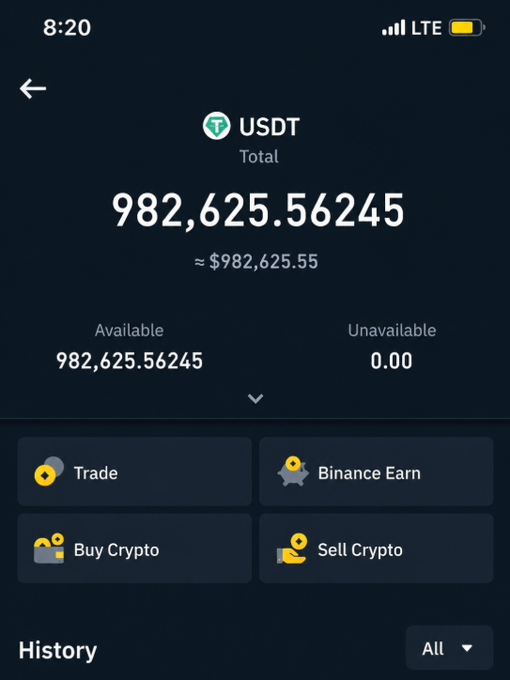 A cryptocurrency wallet screen displays a USDT (Tether) balance of 982,625.56245, approximately $982,625.55, with options for Trade, Binance Earn, Buy Crypto, and Sell Crypto visible.