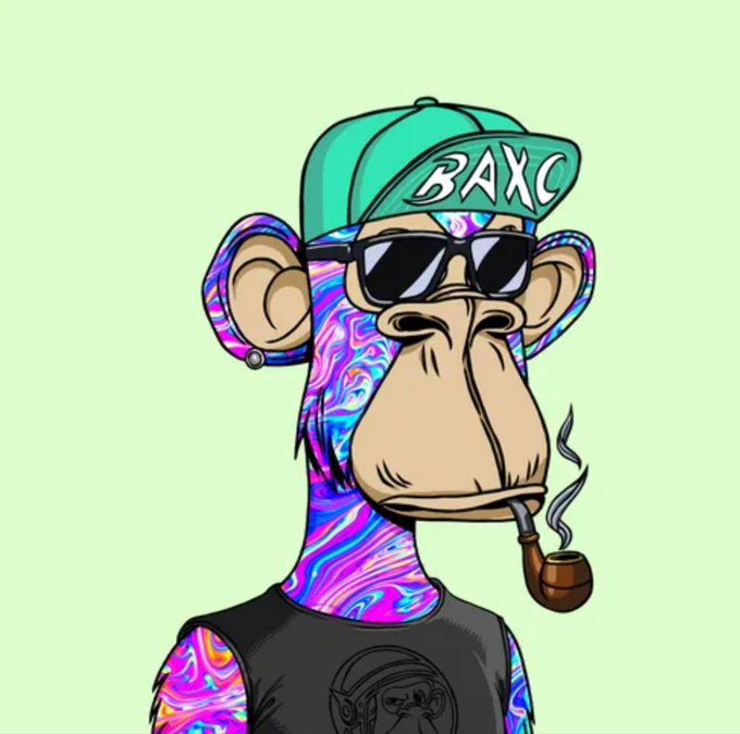 A digital illustration of a Bored Ape-style monkey wearing a green 'BAXC' cap, sunglasses, and smoking a pipe, set against a light green background.