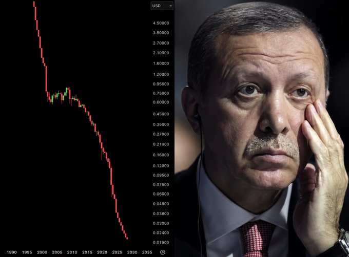 A split image showing a steeply declining price chart (in USD) from 4.5 in the early 2000s to roughly 0.0190 by 2025, paired with a photo of Turkish President Recep Tayyip Erdoğan. The chart visualizes the Turkish Lira's -99% collapse against the US dollar, illustrating the post's claim about the long-term fate of fiat currencies.