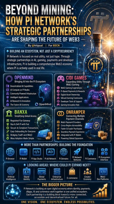 An infographic titled 'BEYOND MINING: HOW PI NETWORK'S STRATEGIC PARTNERSHIPS ARE SHAPING THE FUTURE OF WEB3' detailing partnerships with OpenMind, CiDi Games, Banxa, and Onramper.