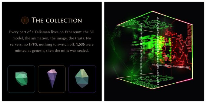 A presentation slide titled 'THE COLLECTION' explaining that 'Every part of a Talisman lives on Ethereum' with 1,536 minted at genesis, showing three 3D gem models and a colorful digital cube sculpture.