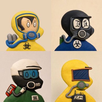 Four plush toys styled like the 'Fallout' video game Vault Boy characters are shown, each wearing different colored hazmat suits and gas masks.