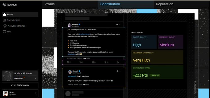 A screenshot of a Nucleus platform profile page showing a Contribution tab with Twitter posts, and a Twitter Scorecard displaying Content Quality as 'High', Engagement Quality as 'Medium', Engagement Authenticity as 'Very High', and a Contribution Change of +223 Pts.