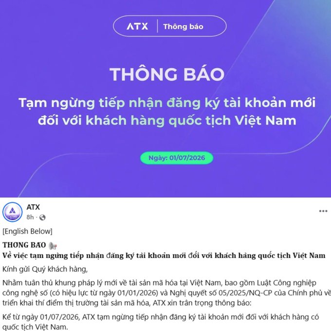 A Vietnamese announcement from ATX dated 01/07/2026 titled "THÔNG BÁO" stating "Tạm ngừng tiếp nhận đăng ký tài khoản mới đối với khách hàng quốc tịch Việt Nam" regarding suspending new account registrations for Vietnamese customers.
