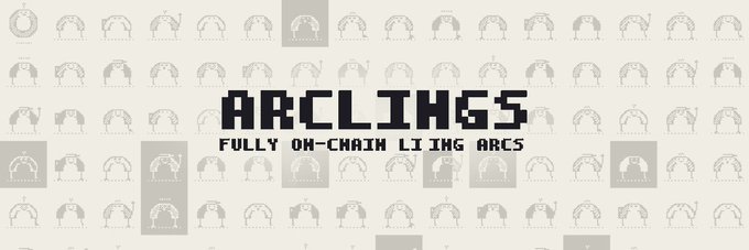 A graphic with the pixelated text 'ARCLINKS - FULLY ON-CHAIN LIVING ARCS' displayed over a repeating pattern of small gray character icons.