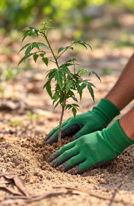 A pair of hands wearing green gloves plants a small sapling into dark soil.