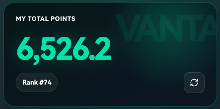 A dashboard showing 'MY TOTAL POINTS' of 6,526.2 with a Rank #74 and the word 'VANTA' in the background.