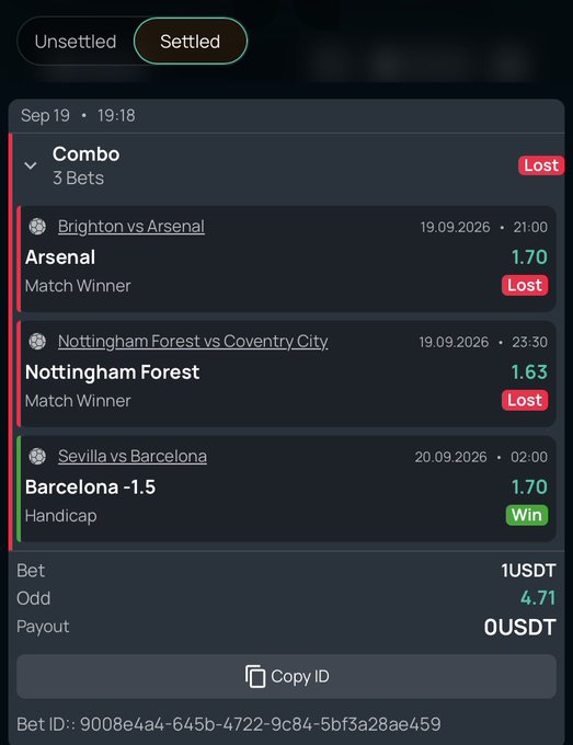 A settled betting slip from PlayOnMint shows a 3-bet combo (Arsenal, Nottingham Forest, and Barcelona -1.5) that resulted in a 0 USDT payout on a 1 USDT bet with combined odds of 4.71, matching the user's lament about rejecting a smaller cash-out to chase a bigger win.