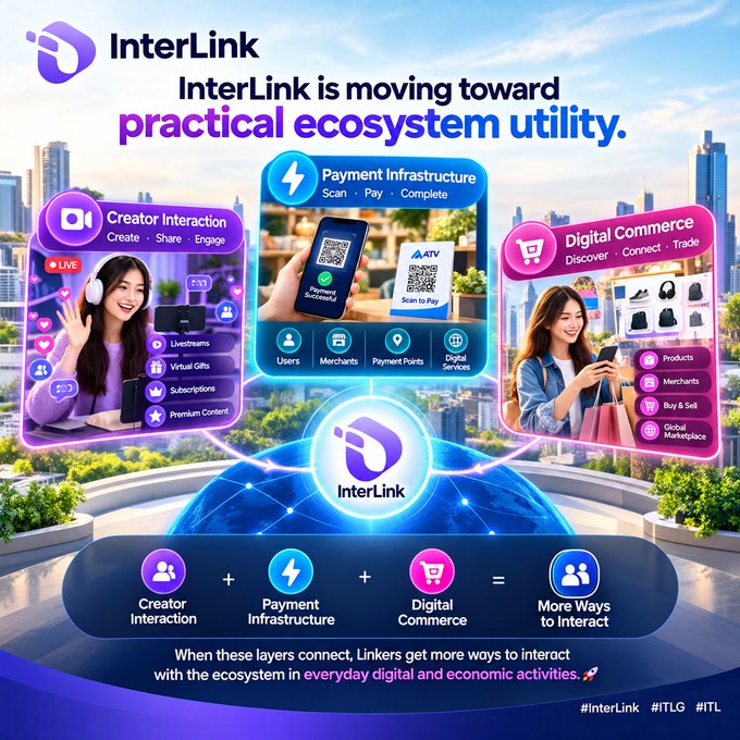 An infographic for "InterLink" titled "InterLink is moving toward practical ecosystem utility," displaying Creator Interaction, Payment Infrastructure, and Digital Commerce categories against a cityscape background.