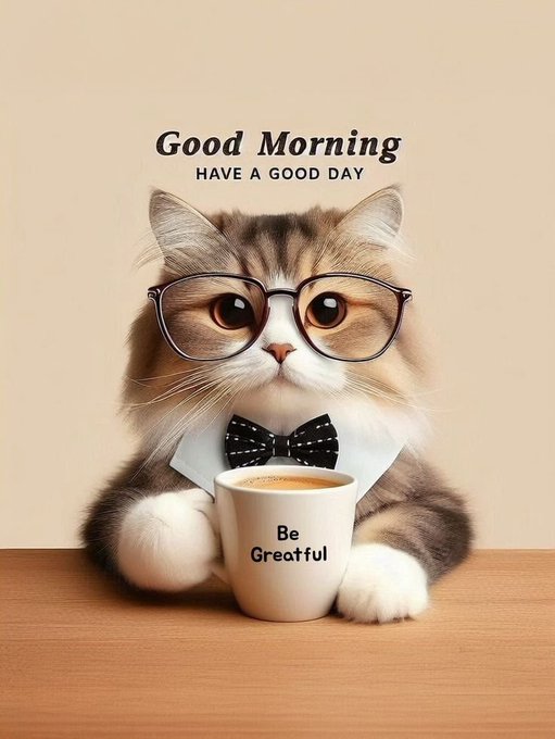 A greeting card image of a fluffy tabby cat wearing black-framed glasses and a polka-dot bowtie, holding a coffee mug that reads 'Be Greatful' with text above saying 'Good Morning HAVE A GOOD DAY'.