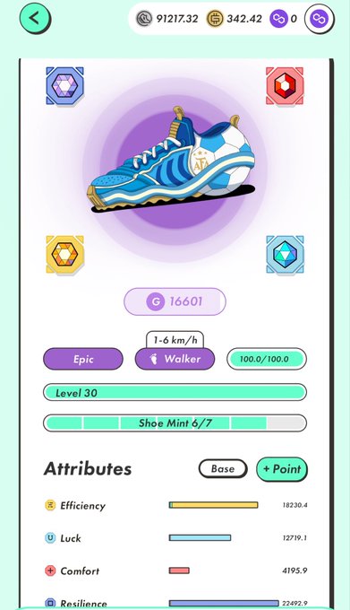 A mobile game interface (likely STEPN) displaying an Epic-tier blue sneaker at Level 30 with Walker mint 6/7, showing stats including Efficiency 18,230.4, Luck 12,719.1, Comfort 4,195.9, and Resilience 22,492.9.