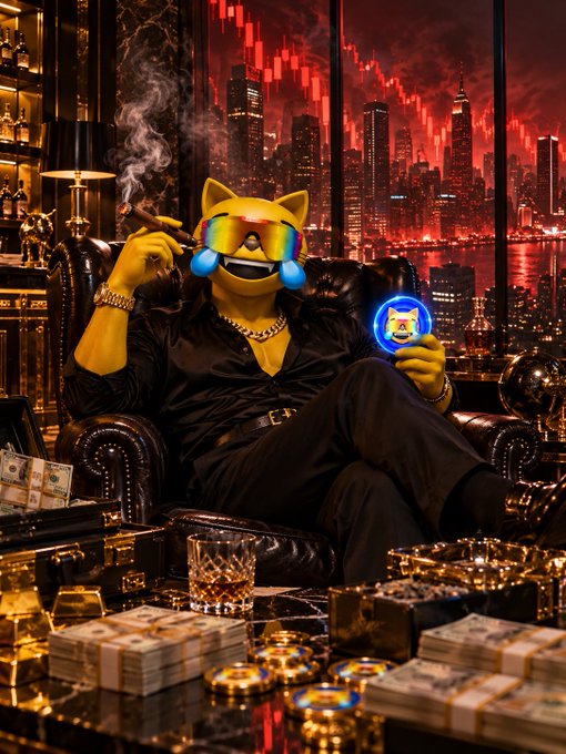A yellow Shiba Inu dog character wearing reflective sunglasses, a black shirt, and gold chains, lounging in a leather chair smoking a cigar while holding a glowing DOGE coin, surrounded by stacks of cash and gold coins against a red city skyline.