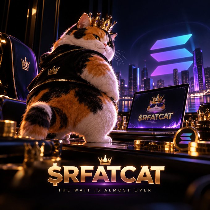 A promotional image featuring a regal calico cat wearing a gold crown, sitting before a laptop displaying '$RFATCAT' with the Solana logo, captioned '$RFATCAT THE WAIT IS ALMOST OVER'.