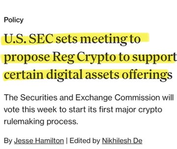The image is a news headline reading "U.S. SEC sets meeting to propose Reg Crypto to support certain digital assets offerings," authored by Jesse Hamilton and edited by Nikhilesh De, accompanied by a subtitle noting the SEC will vote that week to start its first major crypto rulemaking process. This aligns with the post, which explains that the SEC's August 14th meeting signals the start of significant crypto regulation, demonstrating that the stalled CLARITY Act won't halt the SEC's rulemaking efforts.