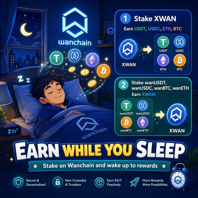 A promotional graphic for Wanchain staking titled 'Earn While You Sleep', showing an animated boy dreaming of crypto rewards, with options to stake XWAN for USDT, USDC, ETH, BTC or stake stablecoins to earn XWAN.