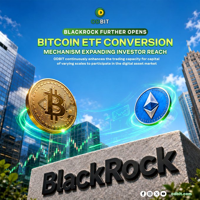 The image is a promotional graphic featuring the BlackRock logo on a stone monument in the foreground, with golden Bitcoin and silver Ethereum coins floating above it against a backdrop of skyscrapers and candlestick charts. Bold text reads "BLACKROCK FURTHER OPENS BITCOIN ETF CONVERSION MECHANISM EXPANDING INVESTOR REACH," with the ODBIT branding at the top and a tagline about enhancing trading capacity for digital asset markets. The graphic visually reinforces the post's message about BlackRock's expanded IBIT conversion mechanism for institutional and professional investors in the crypto space.
