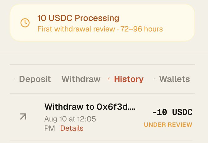 A mobile app screenshot showing a '10 USDC Processing' status for a first withdrawal review taking 72-96 hours, with a History tab displaying a '-10 USDC' withdrawal under review.