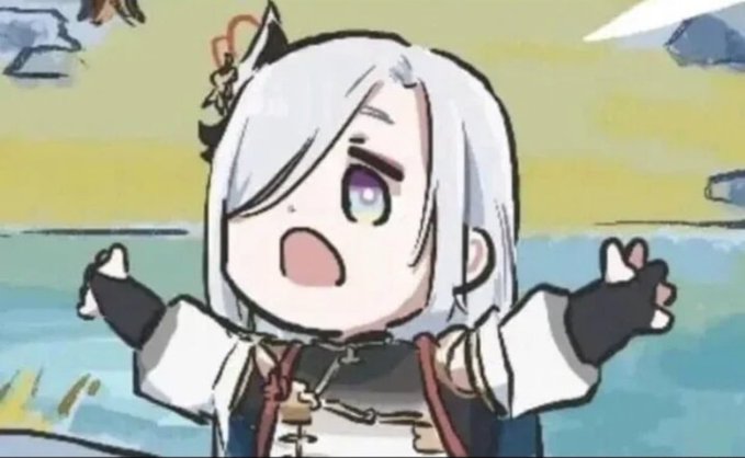 An anime-style chibi character with white hair, a small flower accessory, and a black and white outfit throws their arms wide open with a shocked, open-mouthed expression, perfectly capturing the "what the hell?" energy of someone caught praising a project one moment and mocking it the next.