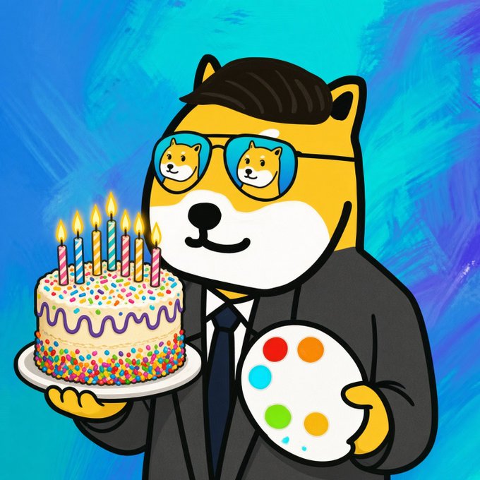 A cartoon Shiba Inu dog wearing sunglasses, a suit, and tie holds a colorful birthday cake with candles in one paw and a painter's palette in the other.