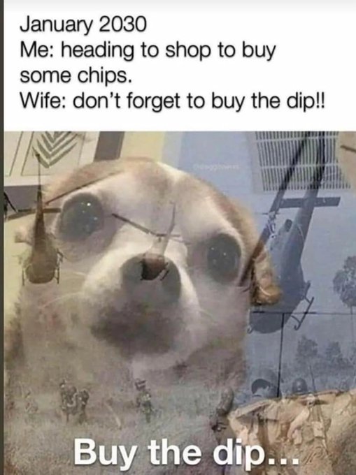 A meme featuring a giant Chihuahuna superimposed over a battlefield with helicopters and soldiers, captioned 'January 2030... Buy the dip...'.
