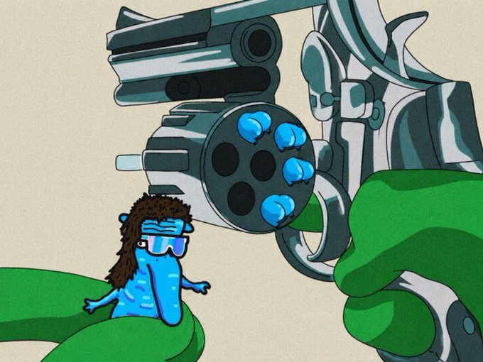 A blue, furry cartoon character with sunglasses and a mullet stands confidently in a lush green landscape, facing a massive revolver loaded with blue bullets. The image symbolizes the poster's bold claim of being a sharpshooter who built Solana memecoins into multimillion-dollar projects while others were distracted.