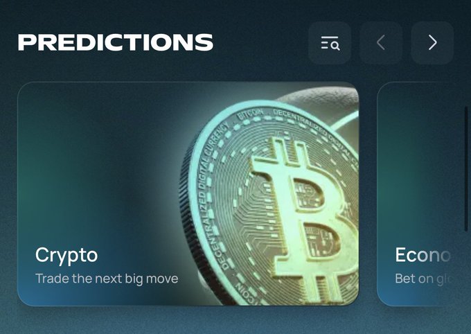 A digital interface displaying a 'PREDICTIONS' section featuring a 'Crypto' card with a Bitcoin image and the tagline 'Trade the next move.', alongside a partially visible 'Economics' card.