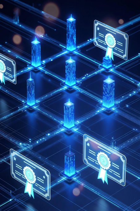 A glowing blue digital network of interconnected server towers and blockchain certificate icons visualizes the institutional tokenization infrastructure supporting BNB Chain's record $19B in RWAs and bStocks' dominant $8.8B July trading volume. The image's lattice of glowing nodes and verification seals symbolizes the rapidly consolidating digital rails enabling this surge in tokenized equity activity.