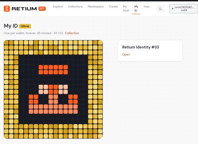 A screenshot of the RETIUM NFT platform showing a 'My ID' pixel art profile with a crown design, labeled 'Retium Identity #33'.