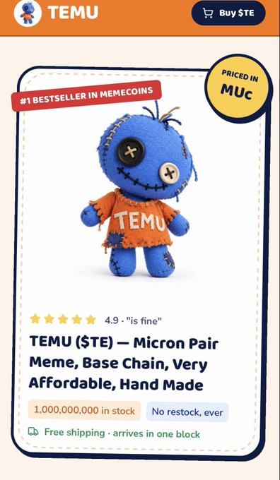 A Temu app product page screenshot showing a '#1 BESTSELLER IN MEMECOINS' voodoo doll mascot plushie 'priced in MuC' with a 4.9 star rating labeled 'is fine'.