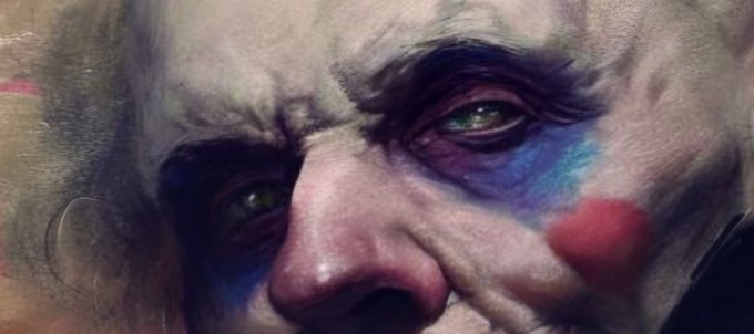 A close-up painted portrait of a man's face with haunting, weary eyes and clown-like makeup smudged around them, evoking a sense of fatigue and melancholy. The image visually echoes the caption "QT your eyes," highlighting the intense, tired gaze that reflects exhaustion or emotional wear.