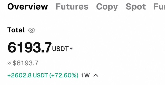 A trading platform overview showing a Total balance of 6193.7 USDT (approximately $6193.7), up 2602.8 USDT (+72.60%) over 1 week, under the Overview tab.