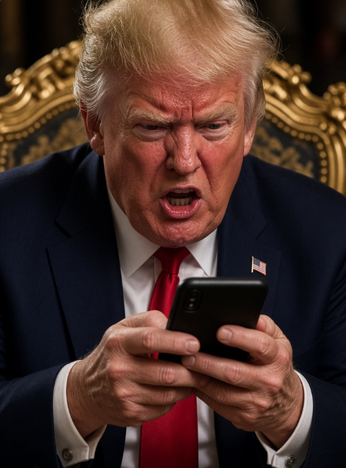 Donald Trump sits in an ornate gold chair, wearing a navy suit and red tie, angrily looking at a black smartphone he holds in both hands.