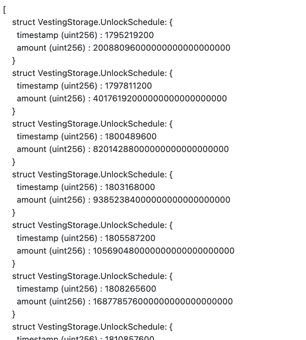 Code snippet showing a list of `VestingStorage.UnlockSchedule` structs with timestamps and uint256 amounts.